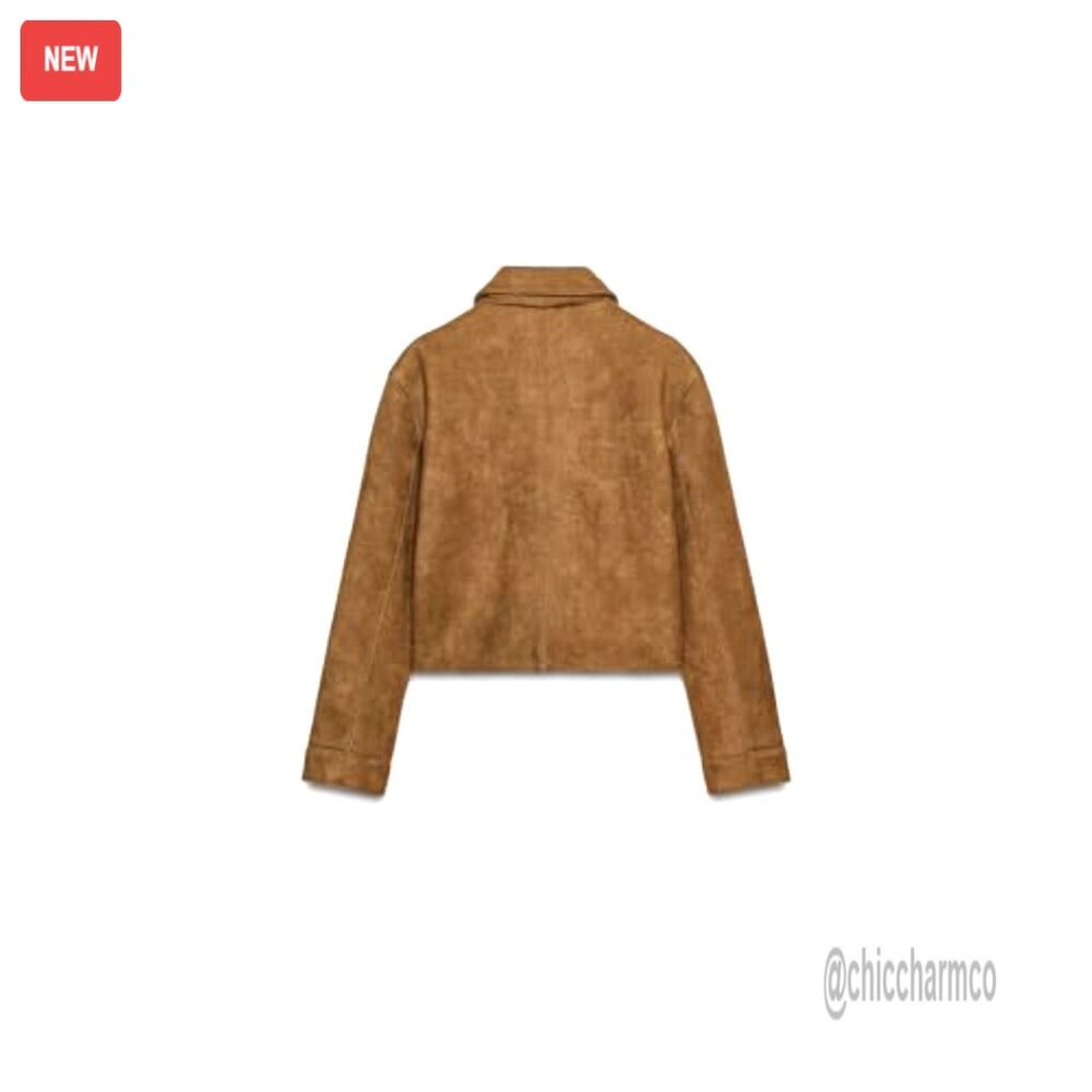 Faux Suede Cropped Jacket Button Down Coat Chic Casual Outerwear Fall Fashion - Picture 6 of 7
